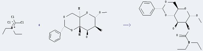 Methyl 4,6-O-benzylidene-alpha-D-glucopyranoside can react with N-dichloromethylene-N,N-diethylammonium chloride to get methyl 4,6-O-benzylidene-2-O-(N,N-diethylcarbamoyl)-a-D-mannoside